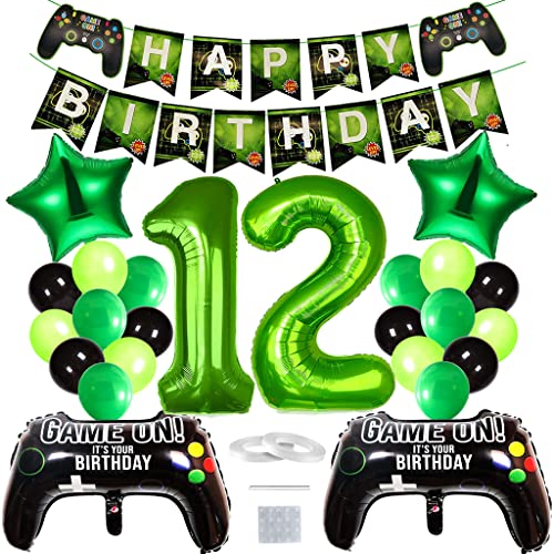 Glecxuy Videospiel Geburtstagsdeko Jungen 12 Jahre, Gaming Deko 12. Geburtstag Luftballons Happy Birthday Girlande, Gamecontroller Folienballon Gamer Spiel Party Deko für 12 Geburtstag Jungen von Glecxuy
