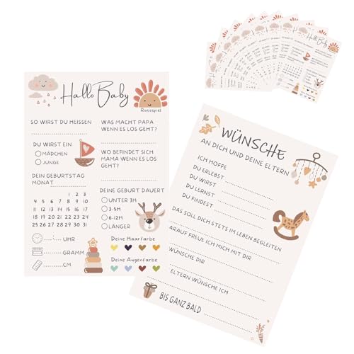 Gleemix 10 x Babyparty Spiele Karten, Tolles Spiel für Gender Reveal, Babyparty Karten zum Ausfüllen für Mädchen und Jungen, Beidseitig Bedruckt, Deutsch von Gleemix