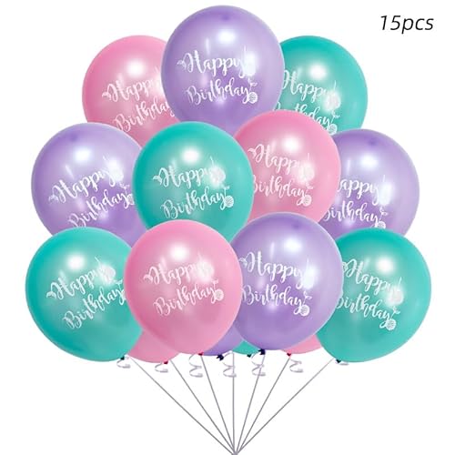 Gleemix 15 Stück Meerjungfrau Luftballon Set, 12 Zoll Meerjungfrau Ballon mit Happy Birthday Motiv, Luftballons Lila Rosa Blau, Meerjungfrau Deko Luftballons für Geburtstag von Gleemix