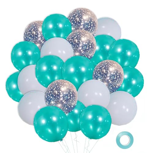 Gleemix 50 Stück Luftballons Türkis Metallic Helium, 10 Zoll Grün Schleierkraut und Weiß Latex Luftballons, für Kinder Geburtstag Dekoration Hochzeit Babyparty Party Kommunion Dschungel Dinosaurier von Gleemix