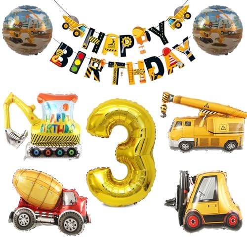 Gleemix Bagger Geburtstag Deko 3 Jahre, Baustellen Geburtstagsdeko Jungen 3 Jahre, Bagger Luftballons Geburtstag 3, Bagger Luftballon Deko mit Happy Birthday Banner, Baustellen Kindergeburtstag Deko von Gleemix