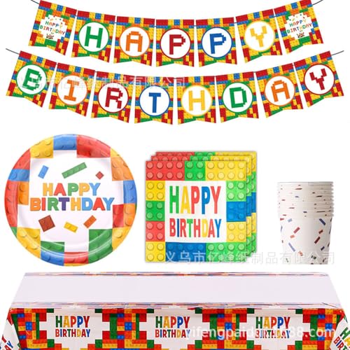 Gleemix Bausteine Partygeschirr Set, 67 Stück Bausteine Geburtstag Deko Set mit Teller, Servietten, Tischdecken, Becher und Banner, Partyzubehör Set für 10 Gäste Gleemix Bausteine Partygeschirr Set, 67 Stück Bausteine Geburtstag Deko Set mit Teller, Servietten, Tischdecken, Becher und Banner, Partyzubehör Set für 10 Gäste von Gleemix