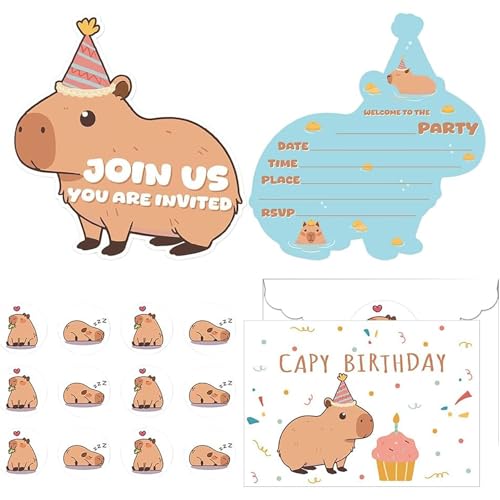 Gleemix Capybara Geburtstagseinladungen, Capybara Geburtstag Einladung Lustige Wasser, Capybara Einladungskarten Für Kindergeburtstag Mit Umschlägen & Aufklebern, Party Deko Set Im Spa-Tier Design 12 von Gleemix