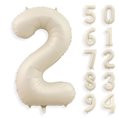 Gleemix Geburtstag Zahlen Luftballon 2 Jahre, 40 Zoll Beige Luftballon 2. Geburtstag, Riesen Folienballon 2, Ballon Zahl Deko, für Jungen und Mädchen Geburtstagdeko von Gleemix