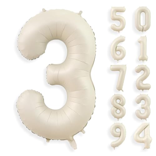 Gleemix Geburtstag Zahlen Luftballon 3 Jahre, 40 Zoll Beige Luftballon 3. Geburtstag, Riesen Folienballon 3, Ballon Zahl Deko, für Jungen und Mädchen Geburtstagdeko von Gleemix