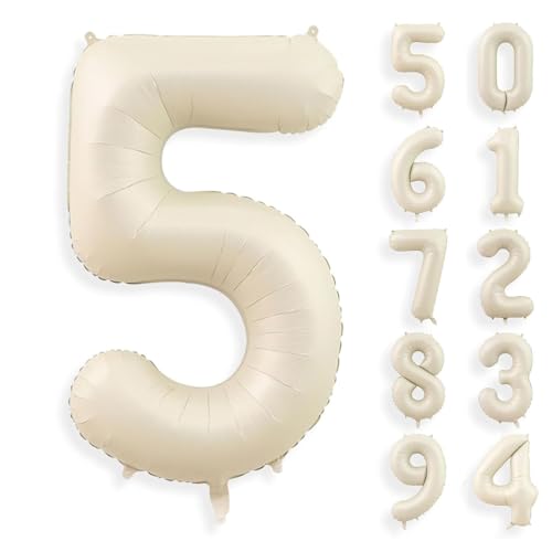Gleemix Geburtstag Zahlen Luftballon 5 Jahre, 40 Zoll Beige Luftballon 5. Geburtstag, Riesen Folienballon 5, Ballon Zahl Deko, für Jungen und Mädchen Geburtstagdeko von Gleemix