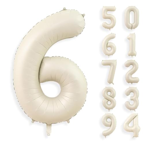 Gleemix Geburtstag Zahlen Luftballon 6 Jahre, 40 Zoll Beige Luftballon 6. Geburtstag, Riesen Folienballon 6, Ballon Zahl Deko, für Jungen und Mädchen Geburtstagdeko von Gleemix