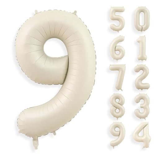 Gleemix Geburtstag Zahlen Luftballon 9 Jahre, 40 Zoll Beige Luftballon 9. Geburtstag, Riesen Folienballon 9, Ballon Zahl Deko, für Jungen und Mädchen Geburtstagdeko von Gleemix