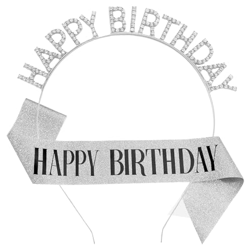 Gleemix Geburtstags Krone Mädchen und Geburtstag Schärpe, Strass Happy Birthday Krone Tiara Schärpe für Birthday Girl, Partyzubehör Dekorationen Geburtstag, Silber von Gleemix