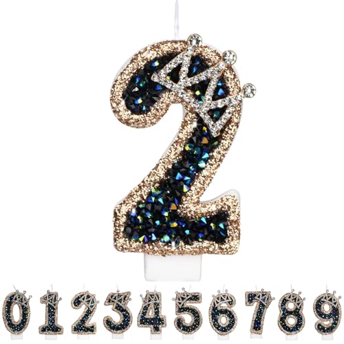 Gleemix Geburtstagskerzen Krone Zahlen 2, Schwarz Zahlenkerze Glitzernde, Cake Topper 2. Geburtstag für Geburtstag Party, Hochzeiten, Firmenfeiern, Jubiläen, Birthday Candle Nummer von Gleemix