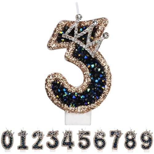Gleemix Geburtstagskerzen Krone Zahlen 3, Schwarz Zahlenkerze Glitzernde, Cake Topper 3. Geburtstag für Geburtstag Party, Hochzeiten, Firmenfeiern, Jubiläen, Birthday Candle Nummer von Gleemix