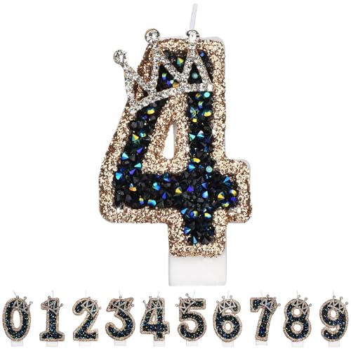 Gleemix Geburtstagskerzen Krone Zahlen 4, Schwarz Zahlenkerze Glitzernde, Cake Topper 4. Geburtstag für Geburtstag Party, Hochzeiten, Firmenfeiern, Jubiläen, Birthday Candle Nummer von Gleemix
