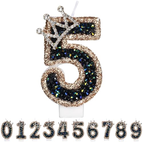 Gleemix Geburtstagskerzen Krone Zahlen 5, Schwarz Zahlenkerze Glitzernde, Cake Topper 5. Geburtstag für Geburtstag Party, Hochzeiten, Firmenfeiern, Jubiläen, Birthday Candle Nummer von Gleemix