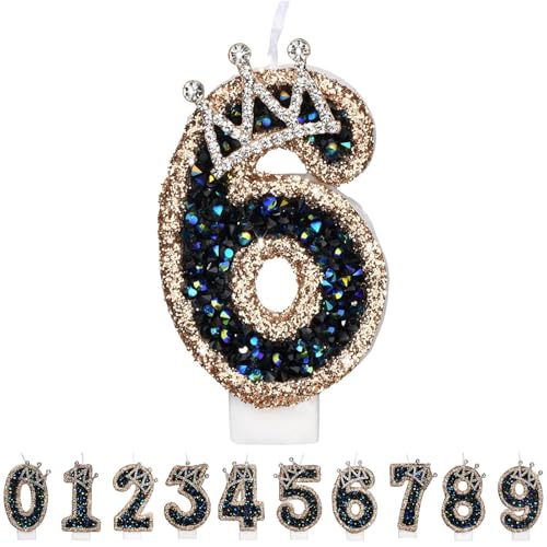 Gleemix Geburtstagskerzen Krone Zahlen 6, Schwarz Zahlenkerze Glitzernde, Cake Topper 6. Geburtstag für Geburtstag Party, Hochzeiten, Firmenfeiern, Jubiläen, Birthday Candle Nummer von Gleemix