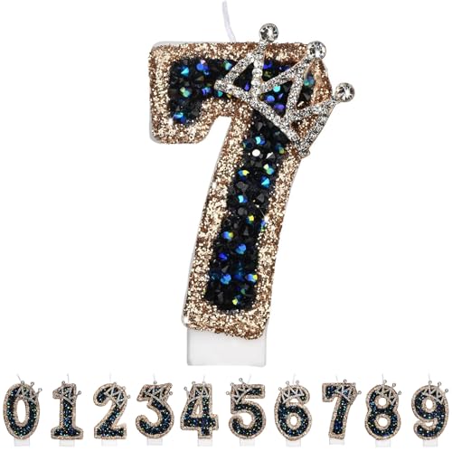 Gleemix Geburtstagskerzen Krone Zahlen 7, Schwarz Zahlenkerze Glitzernde, Cake Topper 7. Geburtstag für Geburtstag Party, Hochzeiten, Firmenfeiern, Jubiläen, Birthday Candle Nummer von Gleemix