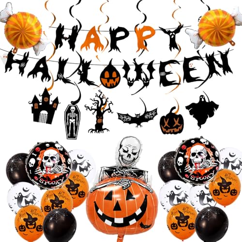 Gleemix Halloween Ballon Set, Happy Halloween Girlande, Skelett Spinnen Kürbisse Luftballons, HalloweenFolienballon für Party Deko Gleemix Halloween Ballon Set, Happy Halloween Girlande, Skelett Spinnen Kürbisse Luftballons, HalloweenFolienballon für Party Deko von Gleemix