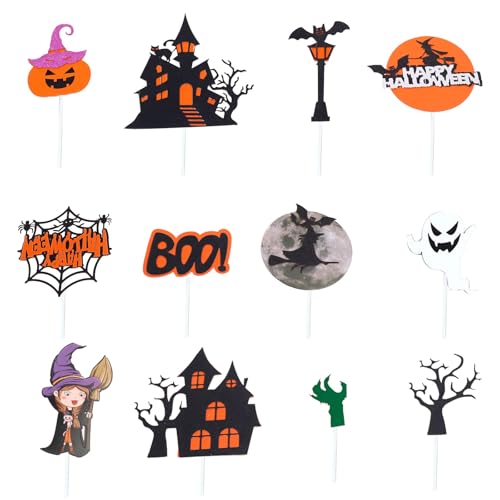 Gleemix Halloween Cake Topper 12 Stück, Halloween Kuchendeko mit Kürbis Spinne Bat Hexe Schloss Geister für HalloweenParty Supplies von Gleemix