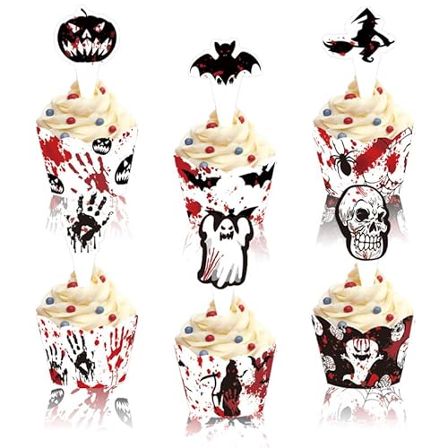 Gleemix Halloween Cupcake Toppers und Wrappers - 24 Stück Muffins Kuchen Deko Mit Kürbis, Geist, Fledermäuse - Horror Topper für Mottopartys, Desserts Gleemix Halloween Cupcake Toppers und Wrappers - 24 Stück Muffins Kuchen Deko Mit Kürbis, Geist, Fledermäuse - Horror Topper für Mottopartys, Desserts von Gleemix