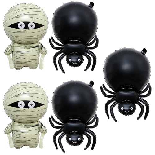 Gleemix 5 Stück Halloween Deko Luftballons, Mumie Spider Folienballon Set, Halloween Aufblasbar Spinne, Schwarze Spinnen Ballons für HalloweenParty Restaurant Club Bar Maskeraden Deko von Gleemix