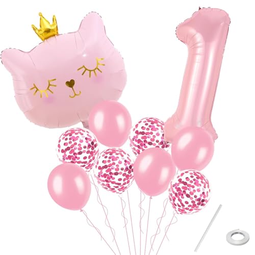 Gleemix Luftballon Katze 1. Geburtstag Rosa Set, Konfetti Luftballons Party Deko, für Mädchen Kindergeburtstag, Katzen Geburtstag, Babyparty von Gleemix