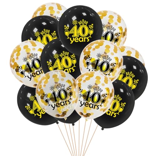 Gleemix Luftballons 40.Geburtstag Deko, 16 Stück Schwarz Gold Konfetti Ballons, 12 Zoll Latex Ballon 40. Geburtstag, für Männer Frauen Jubiläum Geburtstags Party von Gleemix
