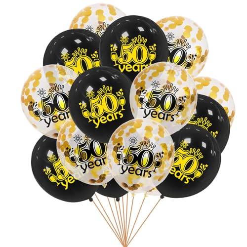 Gleemix Luftballons 50.Geburtstag Deko, 16 Stück Schwarz Gold Konfetti Ballons, 12 Zoll Latex Ballon 50. Geburtstag, für Männer Frauen Jubiläum Geburtstags Party von Gleemix