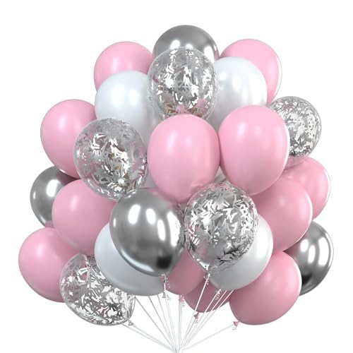 Gleemix Luftballons Rosa Weiß Silber Set, Latex Ballon Macaron Rosa Weiß, Metall Silber Konfetti Luftballon, für Geburtstag, Babyparty, Hochzeit, Baby Shower Deko, 30 Stück, 12 Zoll (30cm) von Gleemix