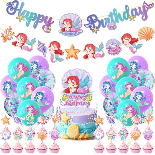 Gleemix Meerjungfrau Geburtstag Deko, Mit Meerjungfrauen Happy Birthday Girlande, Kuchen deko und Luftballons, für Meerjungfrau Party Deko Kindergeburtstag Mädchen von Gleemix
