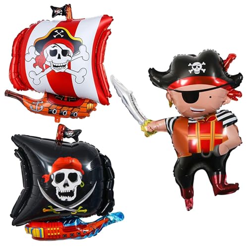 Gleemix Piraten Deko Folienballons, Piratenschiff Piraten Luftballons 3 Stück, Piraten Party Dekorationen, Skelett Muster Party Piratenballons für kindergeburtstag Halloween, Nautisches Thema von Gleemix