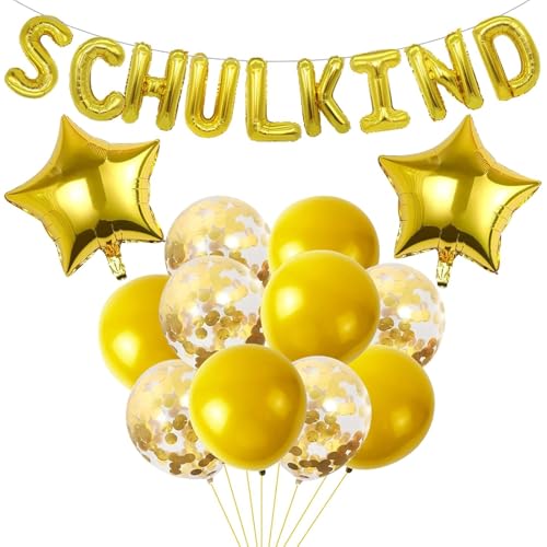 Gleemix Gold Luftballons Einschulung Deko, 13 Stück Schulanfang Deko Einschulung Girlande Junge, mit Gold Stern Folienballon und Konfetti Latexballons, für Deko Einschulung Schulkind Luftballon 2025 von Gleemix