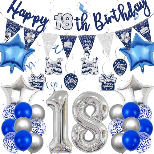 18 Geburtstag Deko Blau Silber - 18. Geburtstag Dekoration für Junge und Mädchen, Happy Birthday Girlande, Wimpelkette, Hängende Wirbel, Luftballons zum 18. Geburtstag von Gleeve
