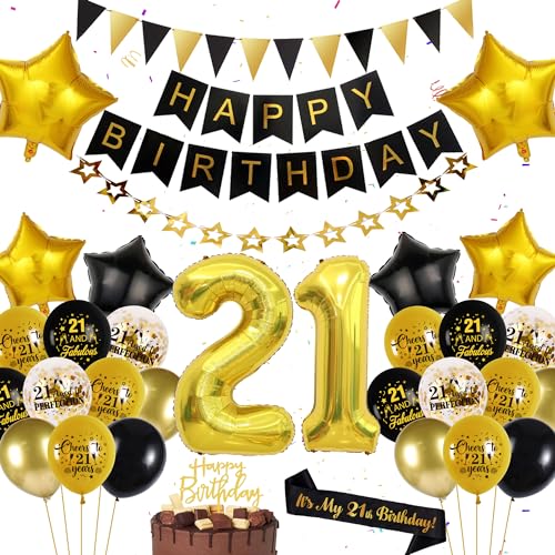21 Geburtstag Deko Schwarz Gold - Happy Birthday Girlande Wimpel Banner Konfetti Luftballons Schärpe und Tortendeko Party Dekoration zum 21. Geburtstag für Männer und Frauen von Gleeve
