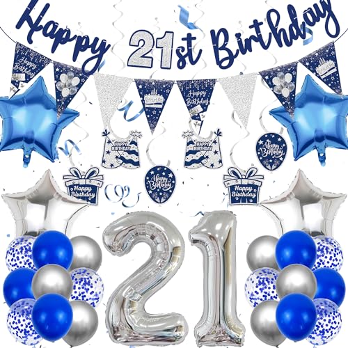 21 Geburtstag Deko Blau Silber - 21. Geburtstag Dekoration für Junge und Mädchen, Happy Birthday Girlande, Wimpelkette, Hängende Wirbel, Luftballons zum 21. Geburtstag von Gleeve