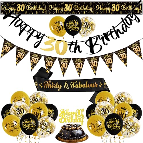 30 Geburtstag Deko Schwarz Gold - 30. Geburtstag Dekorationen Männer Frauen mit Happy Birthday Girlande Banner Tortendeko Konfetti Luftballons Geburtstag Schärpe 30 Geburtstag Deko Schwarz Gold - 30. Geburtstag Dekorationen Männer Frauen mit Happy Birthday Girlande Banner Tortendeko Konfetti Luftballons Geburtstag Schärpe von Gleeve