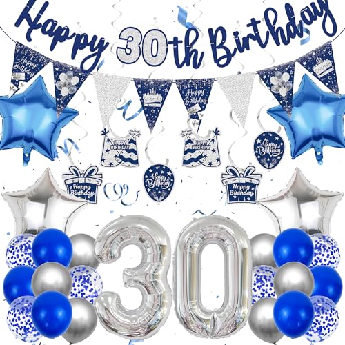 30. Geburtstag Dekoration Blaues Silber - 30 Geburtstag Deko FüR MäNner Frau, Luftballons Zum 30. Geburtstag, Banner Zum 30. Geburtstag, Blaue HäNgende Wirbel Dekoration Zum 30. Geburtstag von Gleeve