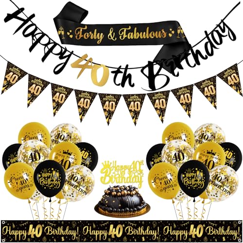 40. Geburtstag Dekorationen Männer Frauen - Schwarz Gold 40. Geburtstag Ballons Konfetti Luftballons, Happy Birthday Girlande Banner, Tortendeko, Geburtstag Schärpe 40. Geburtstag Dekorationen Männer Frauen - Schwarz Gold 40. Geburtstag Ballons Konfetti Luftballons, Happy Birthday Girlande Banner, Tortendeko, Geburtstag Schärpe von Gleeve