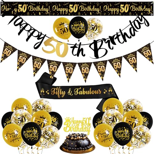 50 Geburtstag Deko Schwarz Gold - 50. Geburtstag Dekorationen Männer Frauen mit Happy Birthday Girlande Banner, Tortendeko, Konfetti Luftballons, Geburtstag Schärpe, 50. Geburtstag Ballons von Gleeve