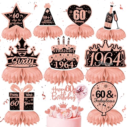 60. Geburtstag Deko Frauen - 18 Stück Roségold Tischdeko mit Tortendeko, Rosegold Bienenwabe Mittelstück Tischdekoration Happy 60th Birthday Kuchendeko Cake Topper für Frau 60. Geburtstag Party von Gleeve