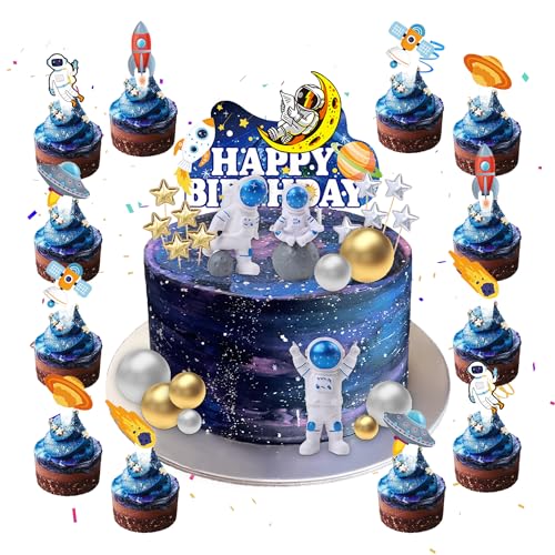 Astronauten Geburtstag Deko Weltraum Tortendeko - 34 Stück Astronauten Figur Modell Kuchendeko Planeten Torte Deko Weltraum Cupcake Toppers Happy Birthday Kuchen Dekoration für Kindergeburtstag Party von Gleeve