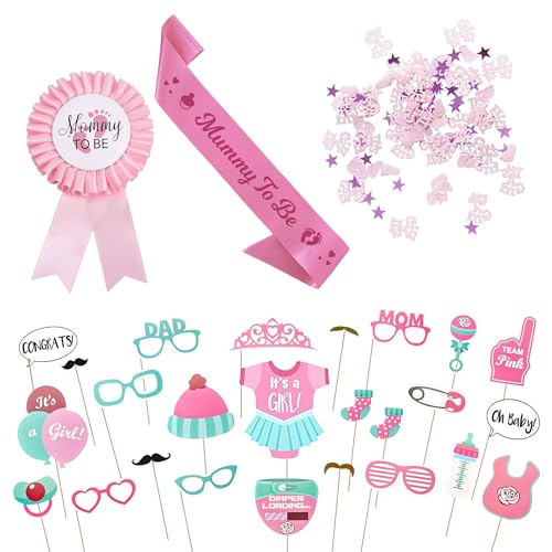 Babyparty Deko Foto Requisiten Mädchen - 28 Stück Baby Shower Fotoaccessoires Rosa Masken Photo Booth Props It's A Girl Konfetti Und Mummy to Be Satin SchäRpe Neugeborene Foto Stützen Fur Baby Party von Gleeve