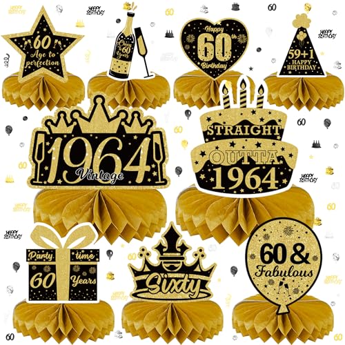 Deko 60. Geburtstag Männer - Tischdeko Schwarz Gold, 9 Stück Bienenwabe Mittelstück Waben Tischaufsatz und 300 Stück Happy Birthday Konfetti, Party Zubehör für Frau Mann Deko 60. Geburtstag Männer - Tischdeko Schwarz Gold, 9 Stück Bienenwabe Mittelstück Waben Tischaufsatz und 300 Stück Happy Birthday Konfetti, Party Zubehör für Frau Mann von Gleeve