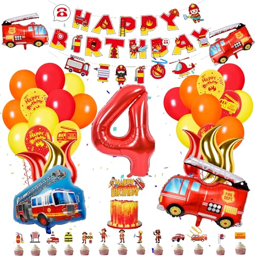 Feuerwehrauto Luftballon Feuerwehr Geburtstag Deko - Geburtstagsdeko Jungen 4 Jahre, Feuerwehr Geburtstag Deko 4 Jahre, Happy Birthday Girlande Tortendeko Feuerwehrauto Folienballons Kindergeburtstag von Gleeve
