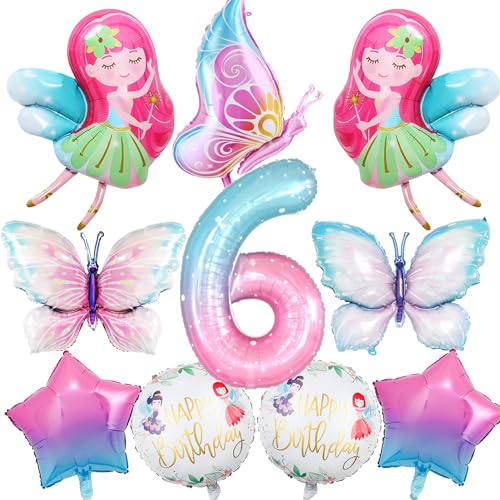 Fee Folienballon Feen Geburtstag Deko - 10 Stück Schmetterling Ballon Stern Luftballon zum 6. Geburtstag, Fee Geburtstagsdeko Feenparty Dekoration für Mädchen 6 Jahre von Gleeve