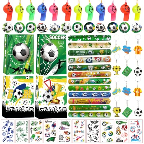 Gleeve Fussball Geburtstag Mitgebsel Kinder - 82 Stück Fußball Mitgebsel Kindergeburtstag Junge mit Schlüsselanhänger Armband Trillerpfeife Tattoo Aufkleber Geschenktüte Fußballparty Deko von Gleeve