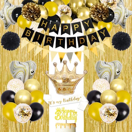 Schwarz Gold Geburtstagsdeko Luftballons Set - Happy Birthday Banner Konfetti Luftballons Kuchendeckel Papier Pompons Ballondeko für Geburtstagsfeier von Gleeve