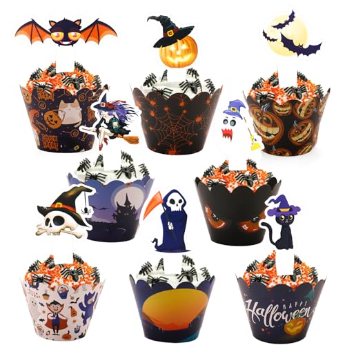 Gleevio 48 Stück Halloween Cupcake Wrappers und Topper,Tortendeko Halloween Kuchen Deko,Hexe Muffin Deko,Kürbis Cupcake Wrappers Papier,Fledermaus Tortendeko,Kuchendeko Halloweenparty Gleevio 48 Stück Halloween Cupcake Wrappers und Topper,Tortendeko Halloween Kuchen Deko,Hexe Muffin Deko,Kürbis Cupcake Wrappers Papier,Fledermaus Tortendeko,Kuchendeko Halloweenparty von Gleevio