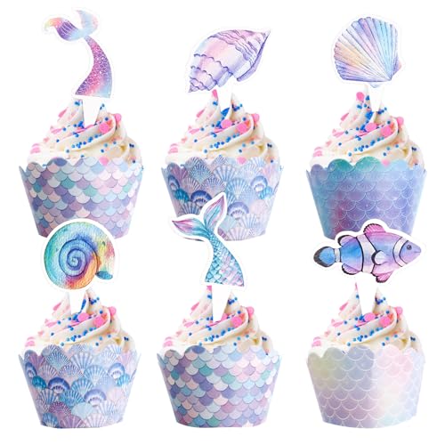 Gleevio Meerjungfrau Tortendeko, 48 Stück Meerjungfrau Cupcake Deko, Kuchen Deko Meerjungfrauen Geburtstagdeko für Cupcake Topper Wrappers, Ozean Tortendeko Meerjungfrauen DekoKindergeburtstag von Gleevio