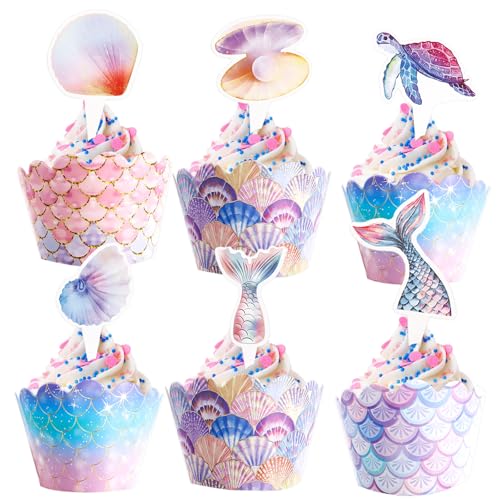 Gleevio Kuchen Deko Meerjungfrau Tortendeko, 48 Stück Meerjungfrau Cupcake Deko, Meerjungfrauen Geburtstagdeko für Cupcake Topper Wrappers, Ozean Tortendeko Meerjungfrauen DekoKindergeburtstag von Gleevio