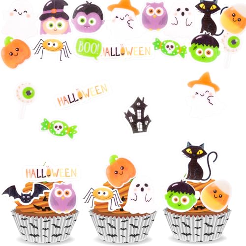 Gleevio Tortendeko Halloween Deko Kuchen Essbar, 60 Stück Essbare Halloween Cupcake Deko, Esspapier Fledermaus Tortendeko, Spinne Geist Muffin Topper, Kuchendeko Halloweenparty, Horror Dekoration von Gleevio