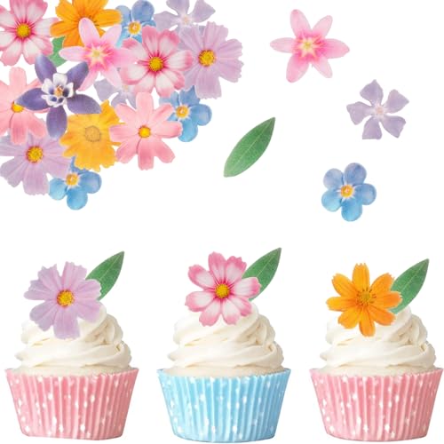 Gleevio Tortendeko Blumen Essbar Blätter Cupcake Deko,60 Stück Essbare Blumen für Torte,Essbare Blüten Tortendeko Hochzeit,Esspapier Blüten Kuchendeko Geburtstag,Blätter Deko Torte BabyParty Hawaii von Gleevio